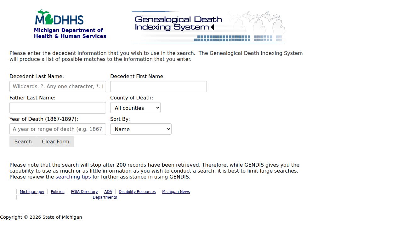 Portage resident lookup using Michigan GENDIS historical death-index search